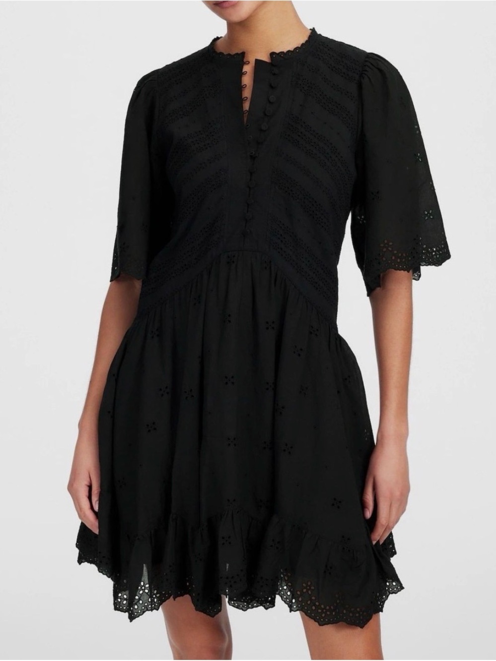 Madewell Black Eyelet Tiered Mini Dress Puff Sleeve NU556 NWT